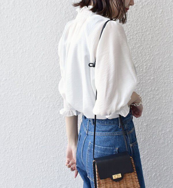 SHIPS for women「〈洗濯機可能〉シアー シャーリング ネック 5分袖 ブラウス」|シャツ・ブラウス|