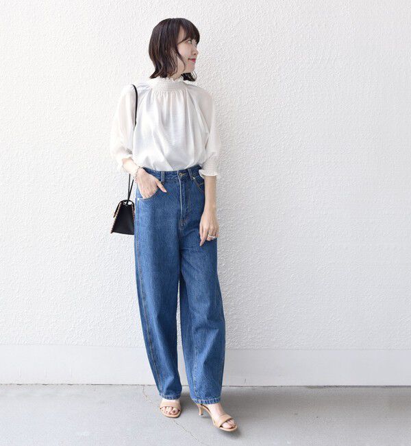 SHIPS for women「〈洗濯機可能〉シアー シャーリング ネック 5分袖 ブラウス」|シャツ・ブラウス|