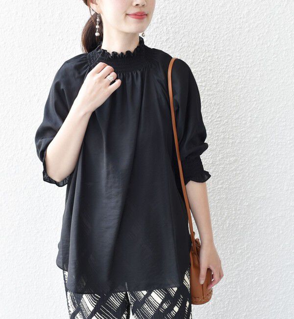 SHIPS for women「〈洗濯機可能〉シアー シャーリング ネック 5分袖 ブラウス」|シャツ・ブラウス|