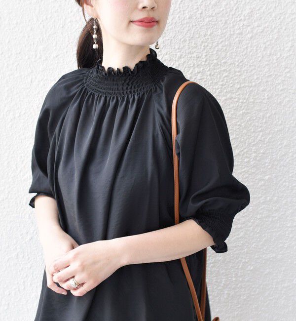 SHIPS for women「〈洗濯機可能〉シアー シャーリング ネック 5分袖 ブラウス」|シャツ・ブラウス|