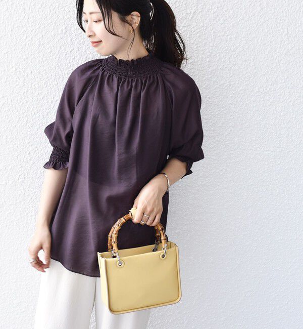 SHIPS for women「〈洗濯機可能〉シアー シャーリング ネック 5分袖 ブラウス」|シャツ・ブラウス|ブラウン