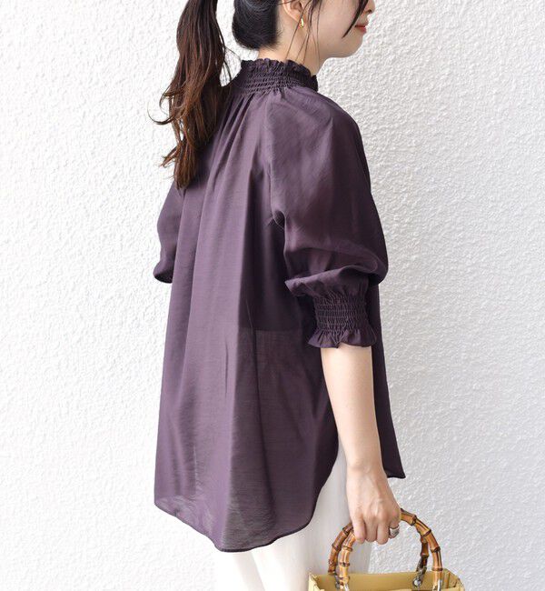 SHIPS for women「〈洗濯機可能〉シアー シャーリング ネック 5分袖 ブラウス」|シャツ・ブラウス|