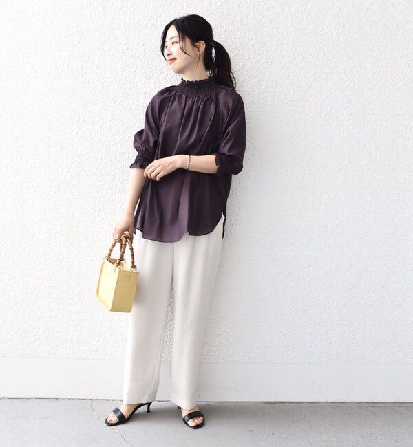 SHIPS for women「〈洗濯機可能〉シアー シャーリング ネック 5分袖 ブラウス」|シャツ・ブラウス|