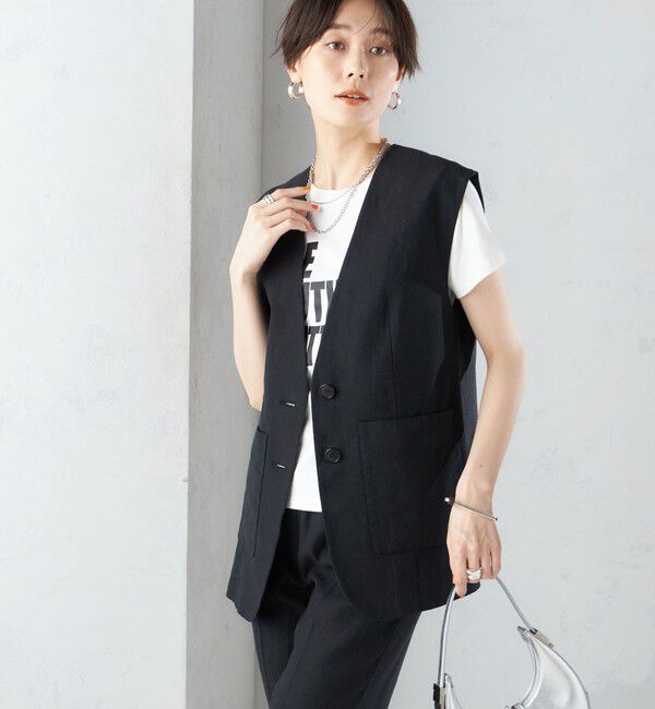 SHIPS for women「〈手洗い可能〉コットン リネン ノーカラー ジレ」|ベスト・ジレ|ブラック