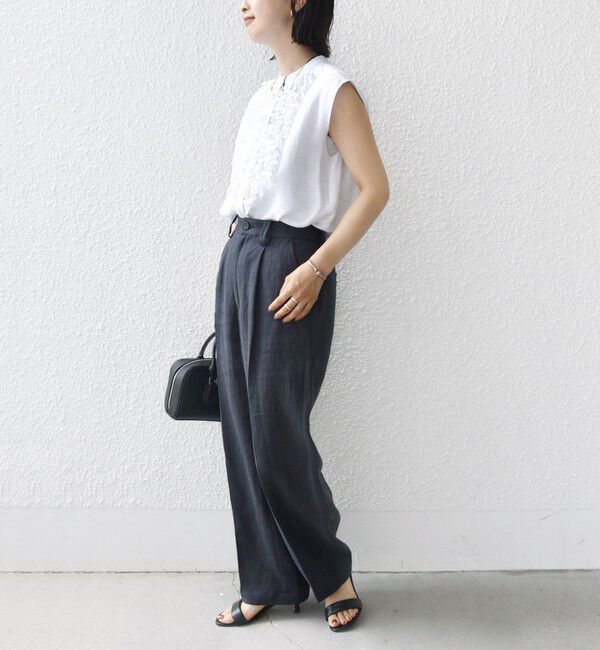 SHIPS for women「〈手洗い可能〉麻混 フロント フリル フレンチスリーブ ブラウス」|シャツ・ブラウス|