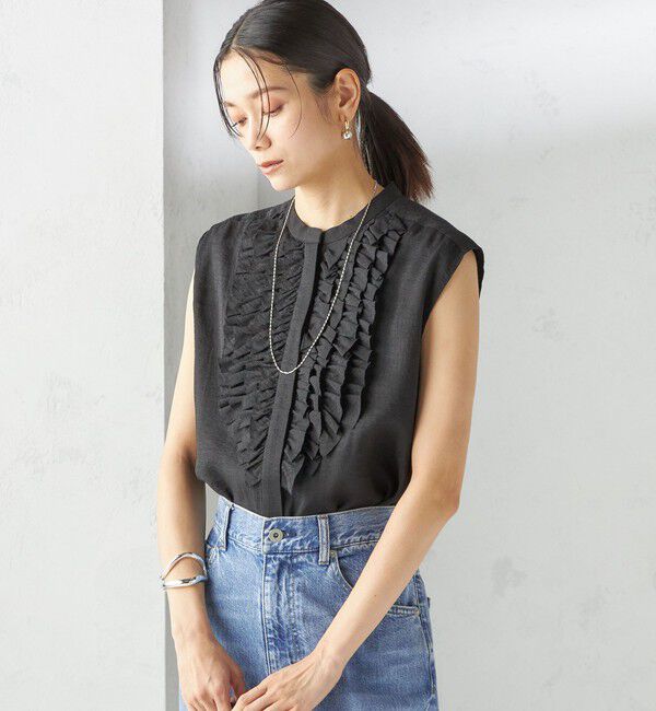 SHIPS for women「〈手洗い可能〉麻混 フロント フリル フレンチスリーブ ブラウス」|シャツ・ブラウス|