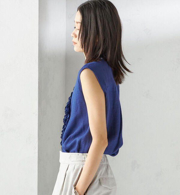 SHIPS for women「〈手洗い可能〉麻混 フロント フリル フレンチスリーブ ブラウス」|シャツ・ブラウス|