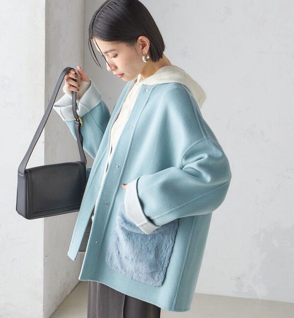 SHIPS for women「リバー ファー ポケット コート」|ノーカラーコート|ライトブルー