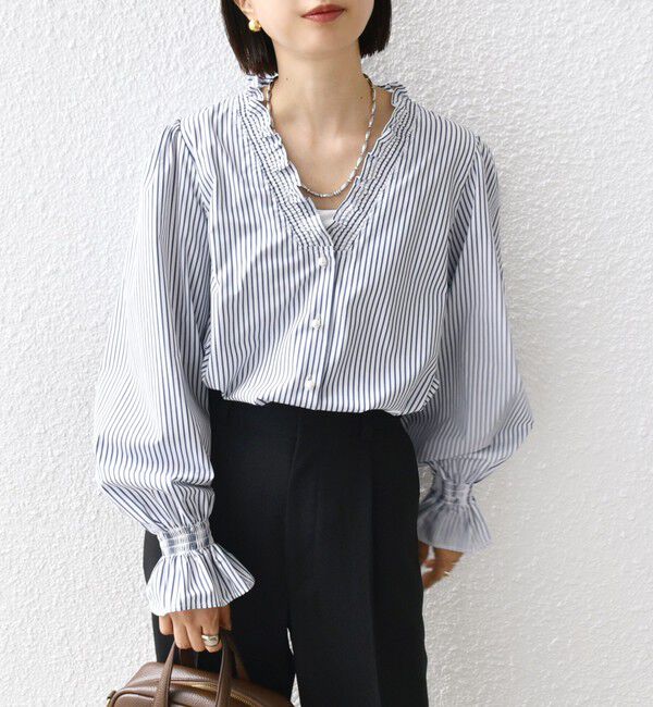 SHIPS for women「【WEB限定】〈手洗い可能〉 シャーリング Vネック 長袖 ブラウス」|シャツ・ブラウス|