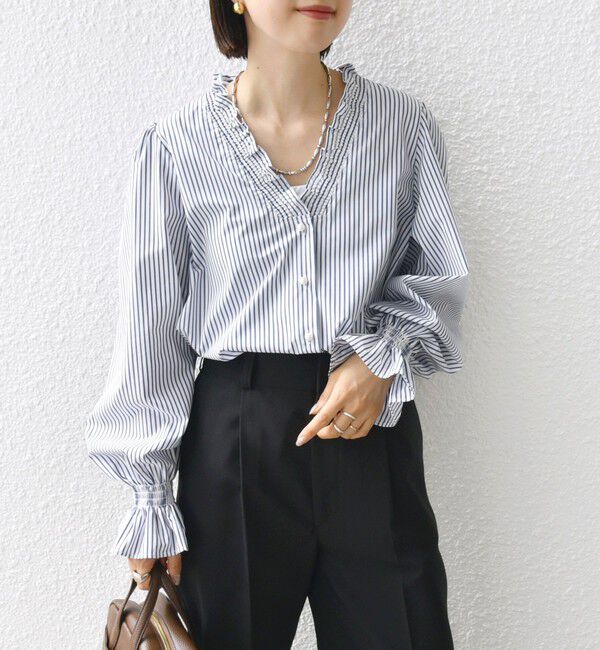 SHIPS for women「【WEB限定】〈手洗い可能〉 シャーリング Vネック 長袖 ブラウス」|シャツ・ブラウス|