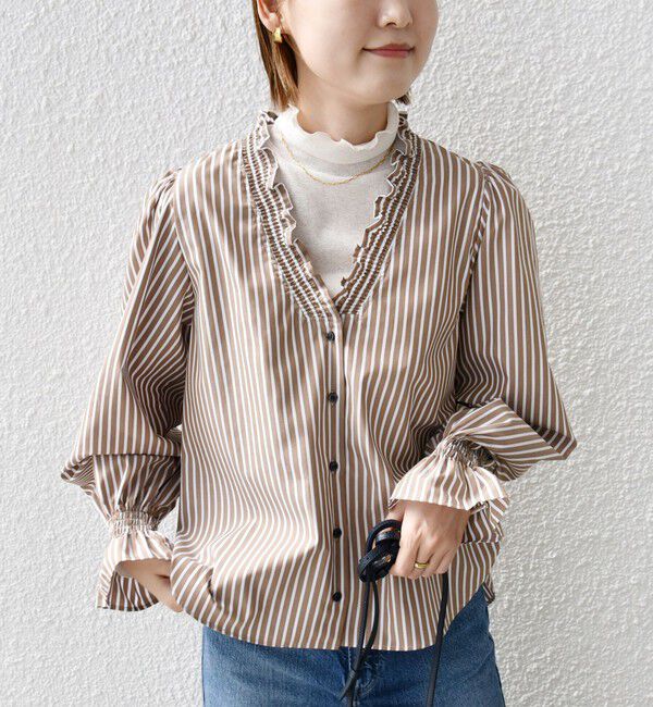 SHIPS for women「【WEB限定】〈手洗い可能〉 シャーリング Vネック 長袖 ブラウス」|シャツ・ブラウス|