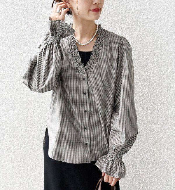 SHIPS for women「【WEB限定】〈手洗い可能〉 シャーリング Vネック 長袖 ブラウス」|シャツ・ブラウス|ブラウン