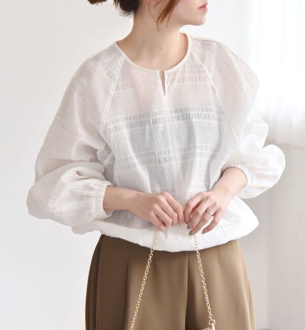 quaranciel「quaranciel:〈洗濯機可能〉シャーリング ボーダー スキッパー ブラウス」|シャツ・ブラウス|