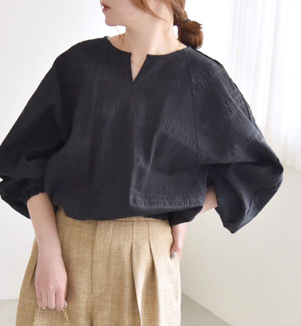 quaranciel「quaranciel:〈洗濯機可能〉シャーリング ボーダー スキッパー ブラウス」|シャツ・ブラウス|ブラック