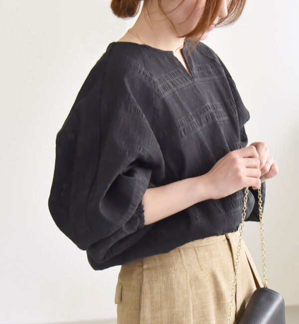 quaranciel「quaranciel:〈洗濯機可能〉シャーリング ボーダー スキッパー ブラウス」|シャツ・ブラウス|