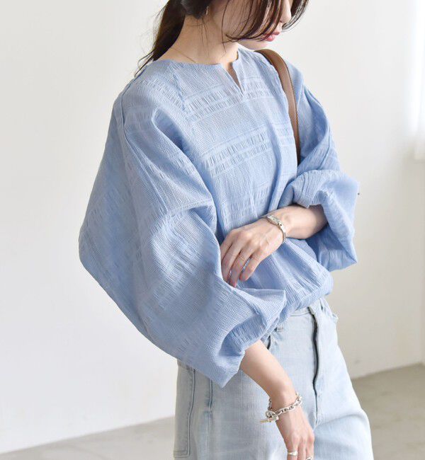 quaranciel「quaranciel:〈洗濯機可能〉シャーリング ボーダー スキッパー ブラウス」|シャツ・ブラウス|ブルー