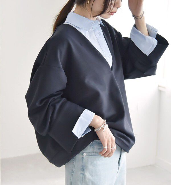 quaranciel「quaranciel:〈洗濯機可能〉ダンボール コクーン Vネック プルオーバー」|Tシャツ・カットソー|ネイビー