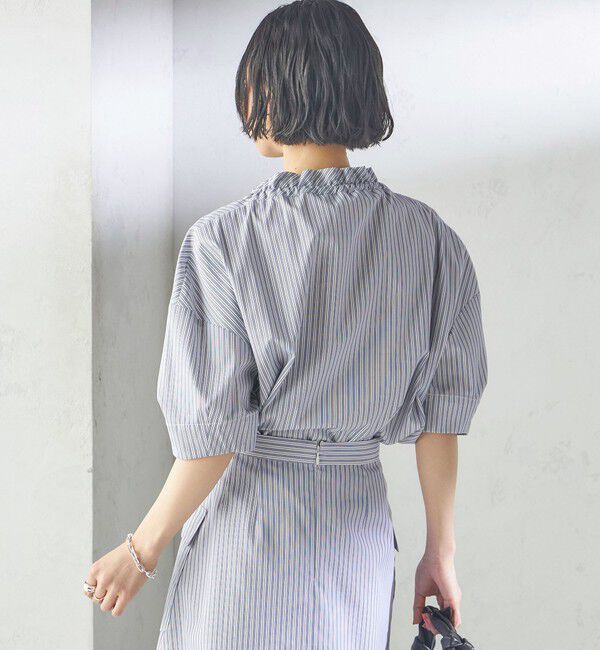 SHIPS for women「〈手洗い可能〉ストライプ フリル ネック リボン 半袖 ブラウス」|シャツ・ブラウス|