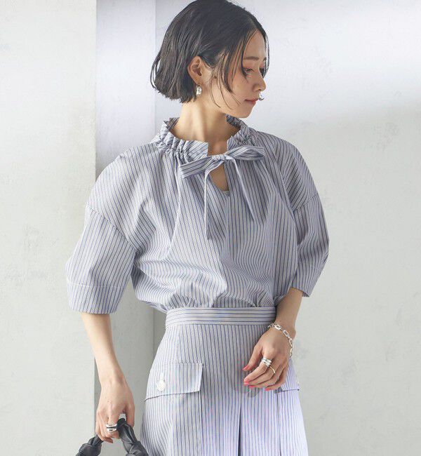SHIPS for women「〈手洗い可能〉ストライプ フリル ネック リボン 半袖 ブラウス」|シャツ・ブラウス|