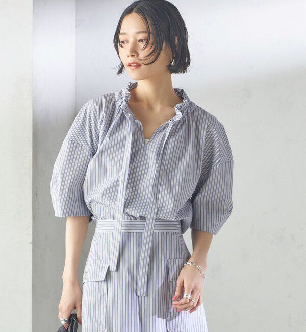 SHIPS for women「〈手洗い可能〉ストライプ フリル ネック リボン 半袖 ブラウス」|シャツ・ブラウス|