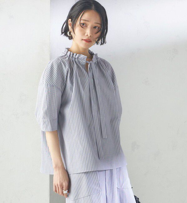 SHIPS for women「〈手洗い可能〉ストライプ フリル ネック リボン 半袖 ブラウス」|シャツ・ブラウス|