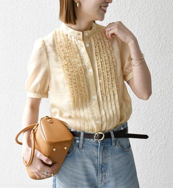 SHIPS any「SHIPS any:〈手洗い可能〉シアー フリル バンドカラー パフ シャツ ブラウス」|シャツ・ブラウス|オレンジ