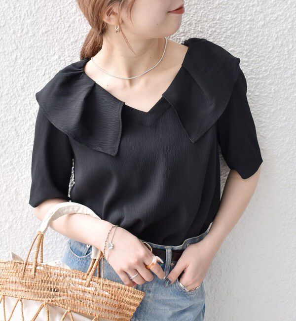 SHIPS any「【WEB限定】SHIPS any:〈洗濯機可能〉ラフ サテン フリルカラー ブラウス 25SS」|シャツ・ブラウス|ブラック