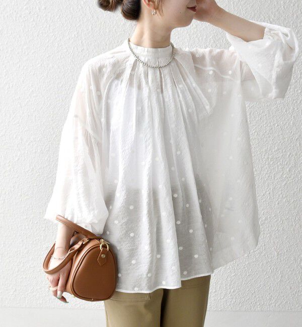 SHIPS any「SHIPS any:〈手洗い可能〉シアー ドット スタンドカラー パフ ギャザー ブラウス」|シャツ・ブラウス|