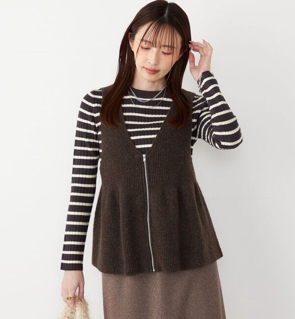 SHIPS Colors 「SHIPS Colors:〈手洗い可能〉ジップ ビスチェ &times; ボーダー ニット セット◇」|ニット・セーター|ブラウン
