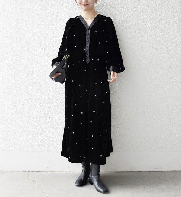 SHIPS any「SHIPS any:〈手洗い可能〉ポリエステル ベロア 刺繍 タック フレア ワンピース」|ワンピース|