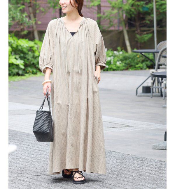 JOURNAL STANDARD relume「リネンコットンラグランギャザーワンピースストライプ」|ワンピース|ベージュ