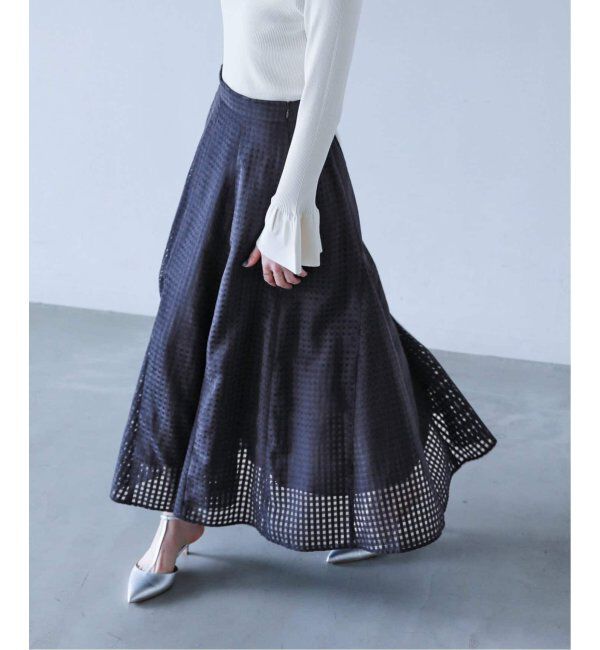  「《追加2》シアーチェックフレアスカート」|スカート|ネイビー