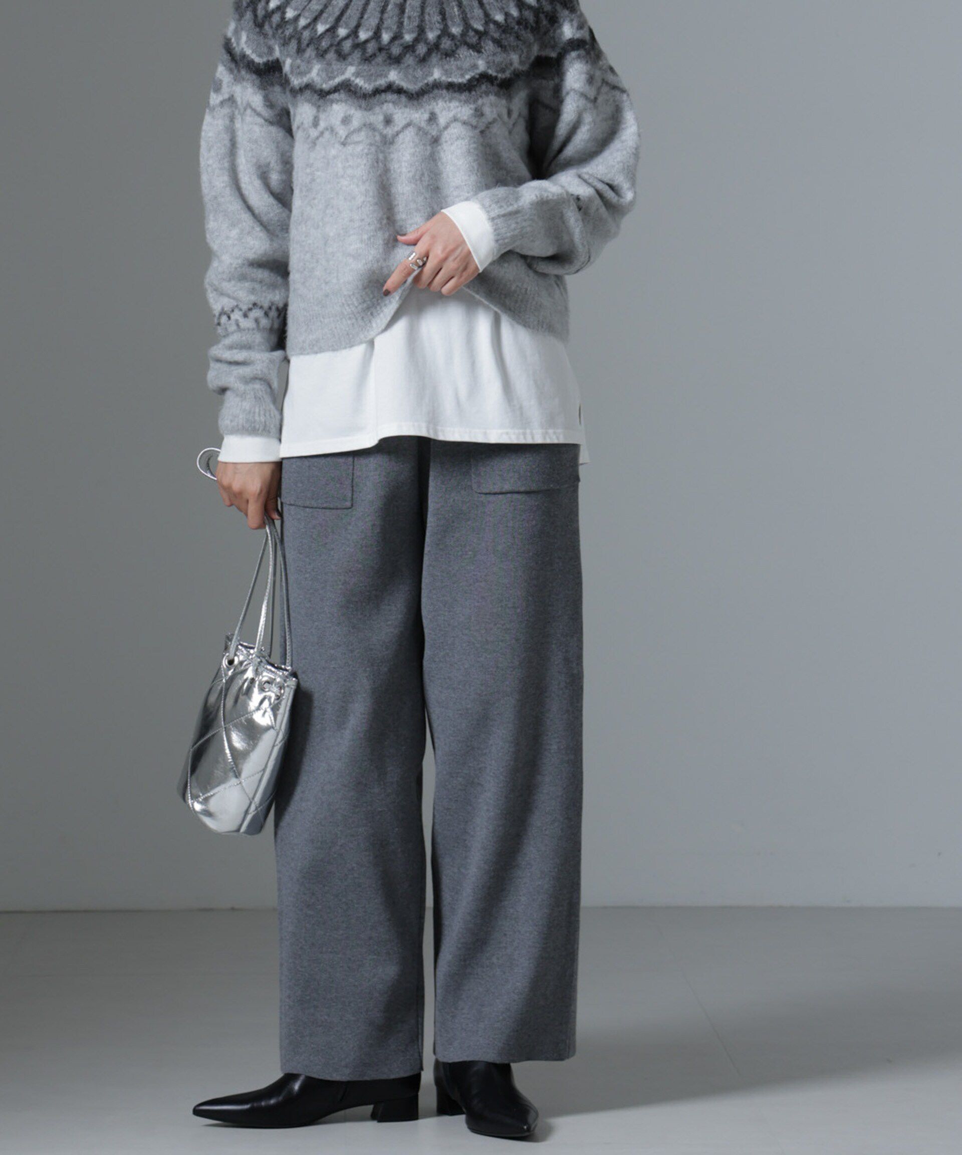 nano･universe「ポケットニットワイドパンツ（セットアップ可）」|チノ|グレー