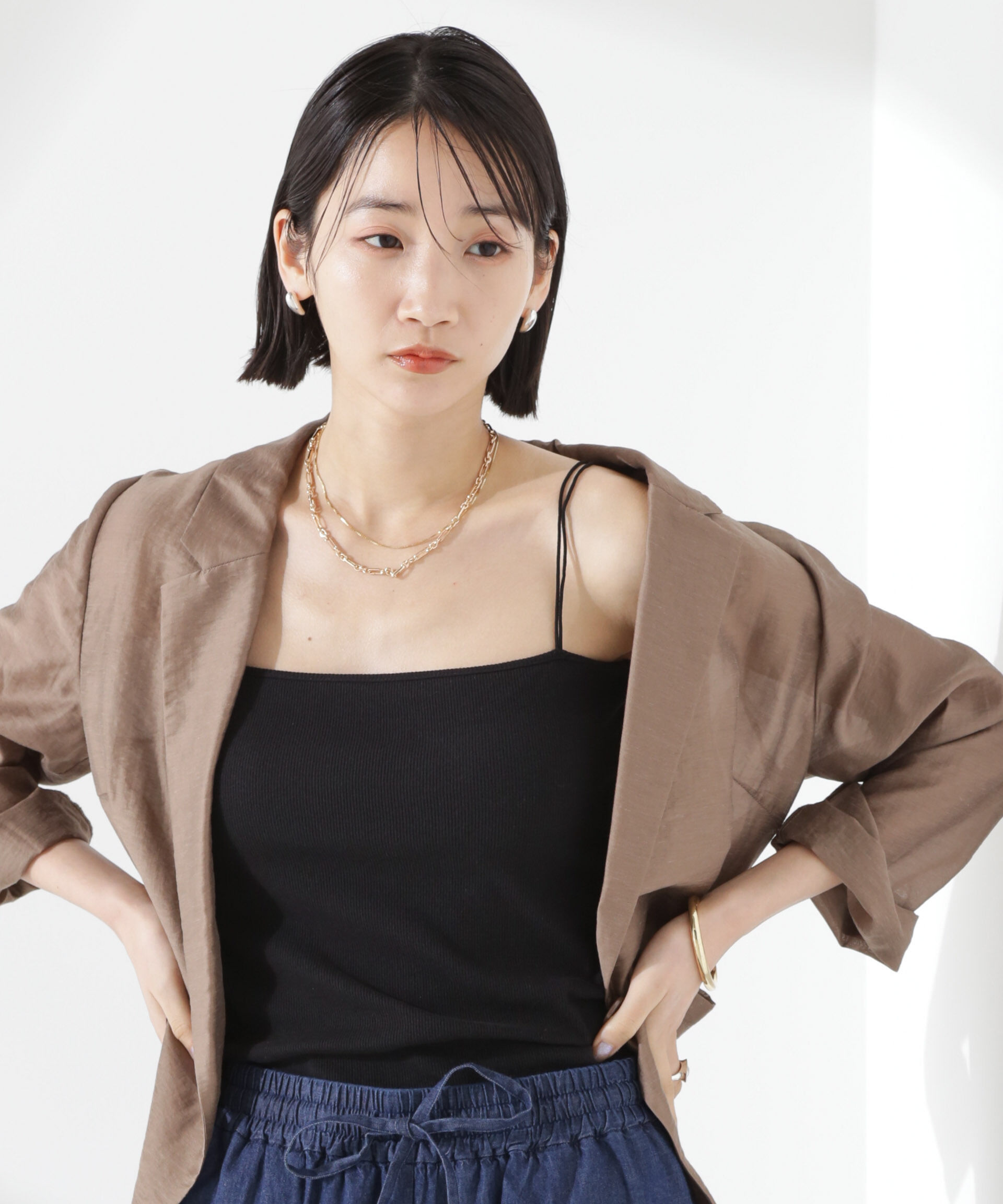 nano･universe「抗菌防臭リブカップ付きダブルストラップキャミソール」|Tシャツ・カットソー|ブラック