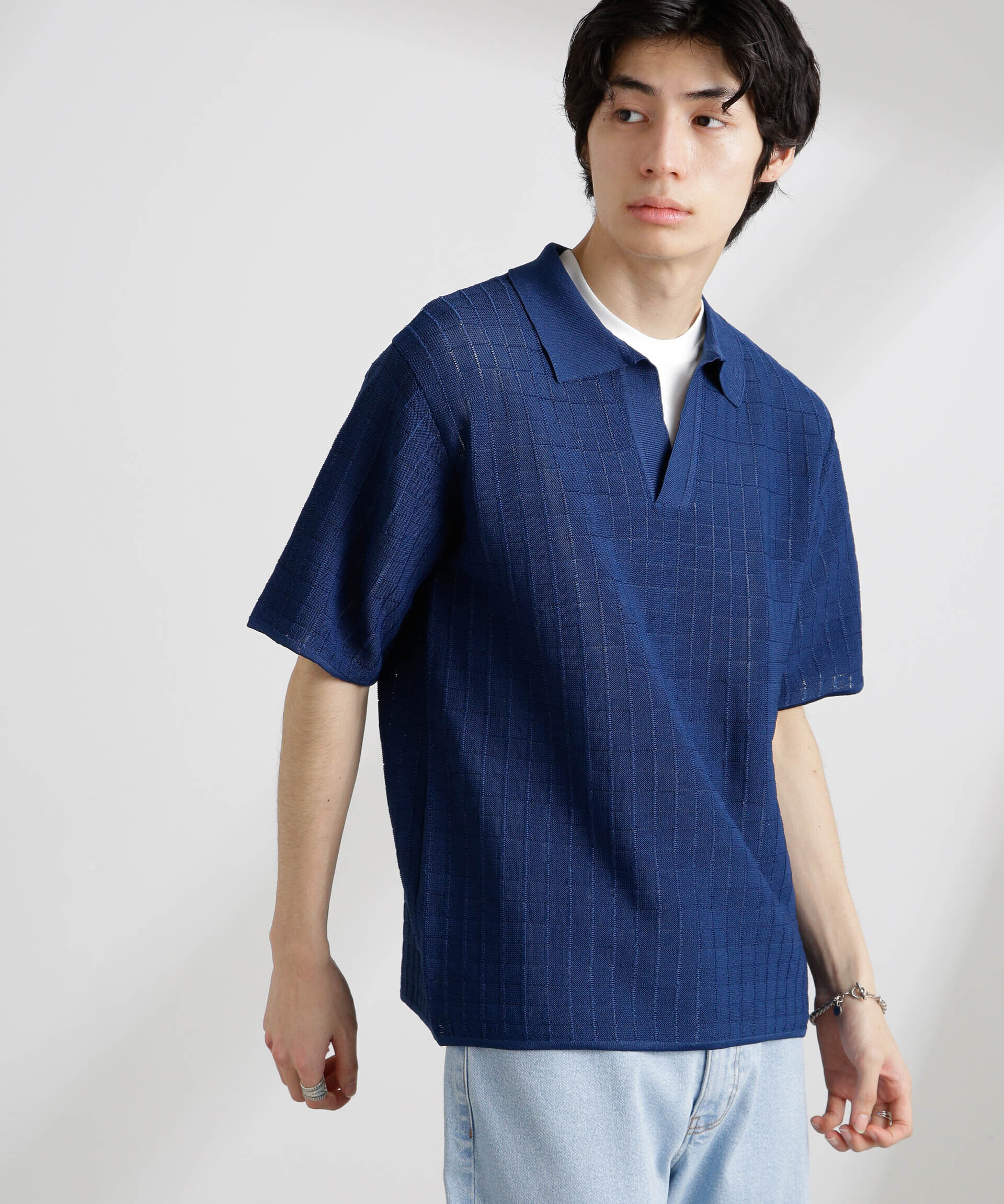 nano･universe「透かし編みスキッパーニット 半袖」|ニット・セーター|ネイビー