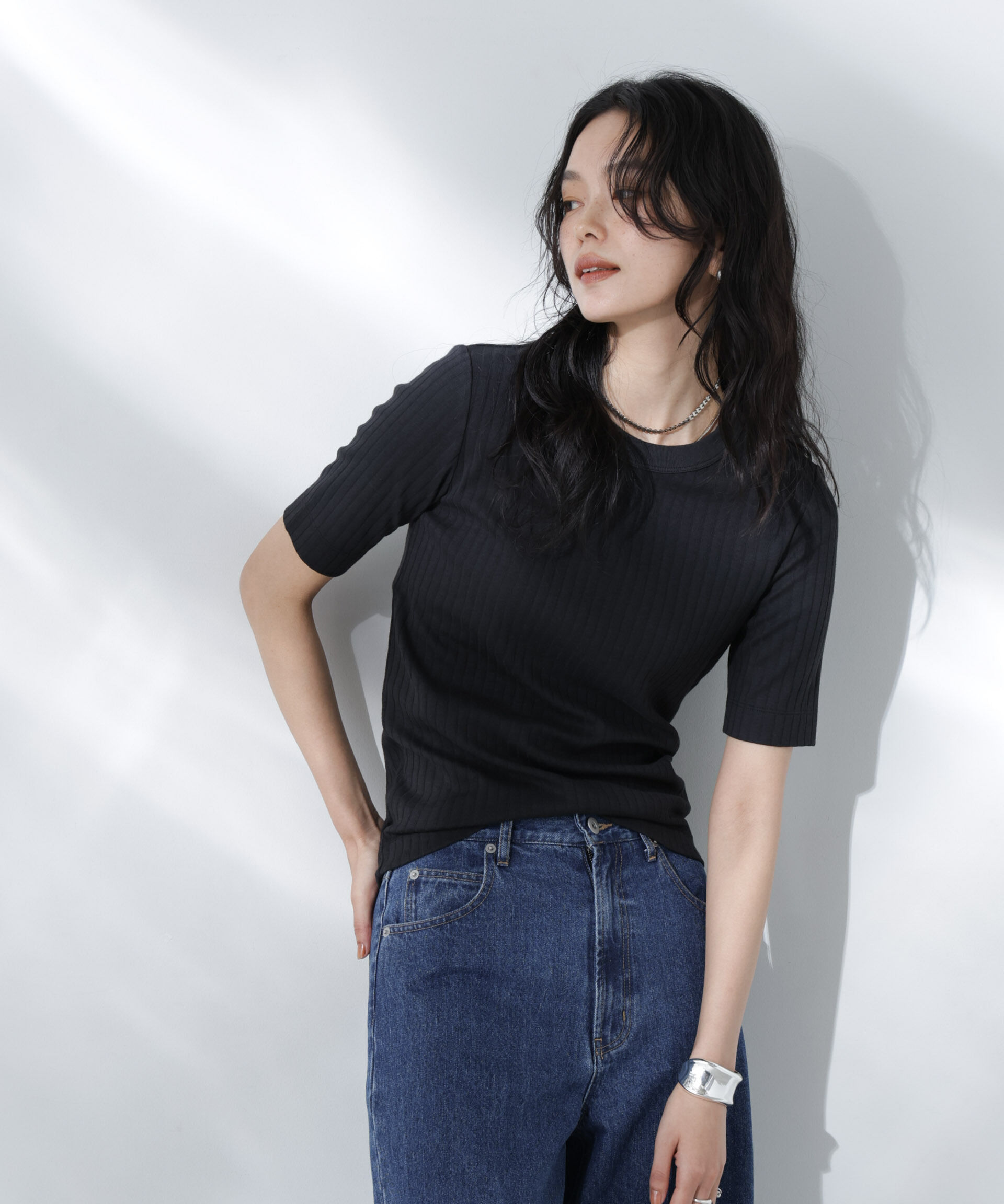 nano･universe「Anti Soaked(R) 汗染み防止クルーネックリブTシャツ」|Tシャツ・カットソー|ブラック