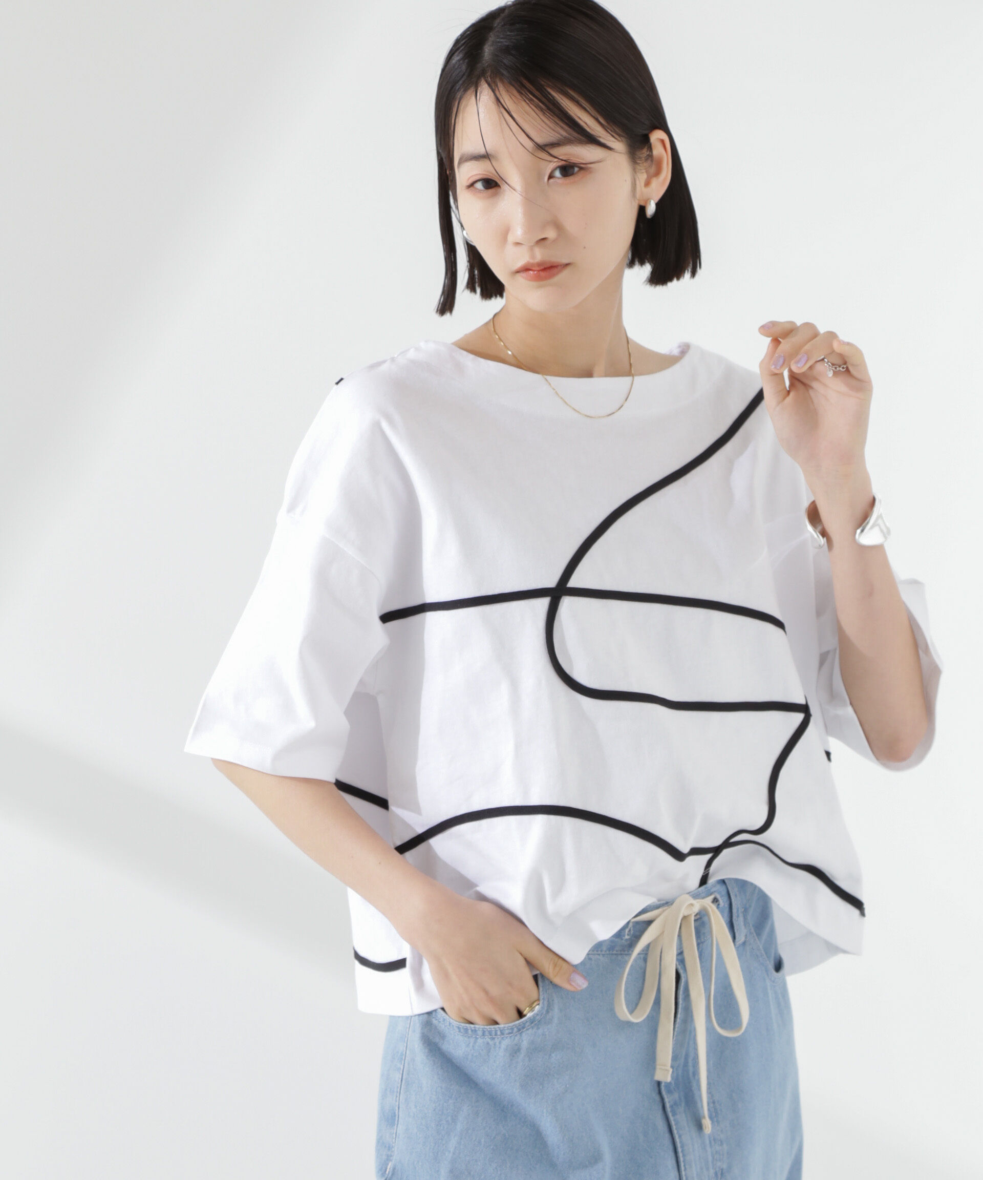 nano･universe「コード刺繍クルーネックカットトップス」|Tシャツ・カットソー|ホワイト