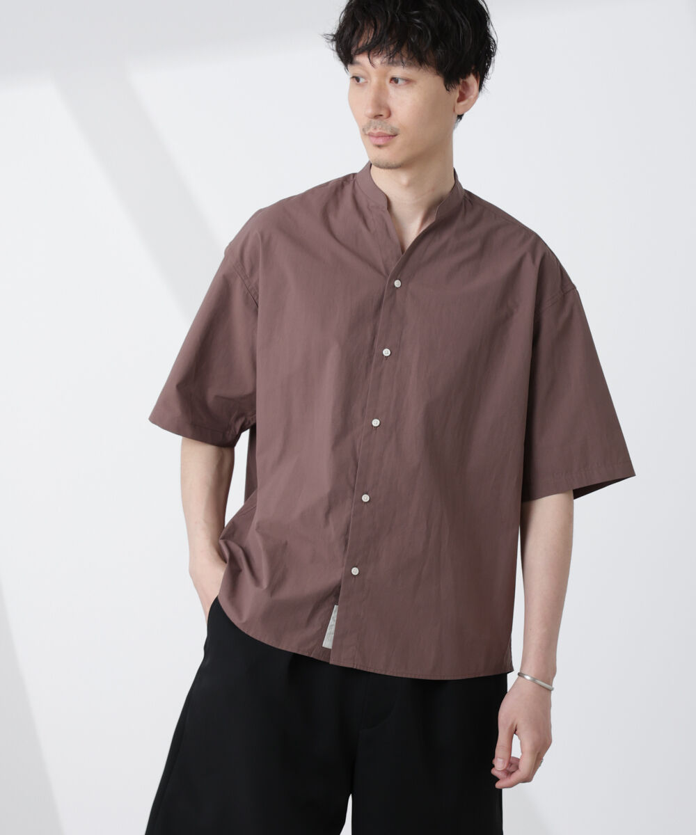 nano･universe「「大人のワイドシャツ」バンドカラー 半袖」|シャツ・ブラウス|ブラウン
