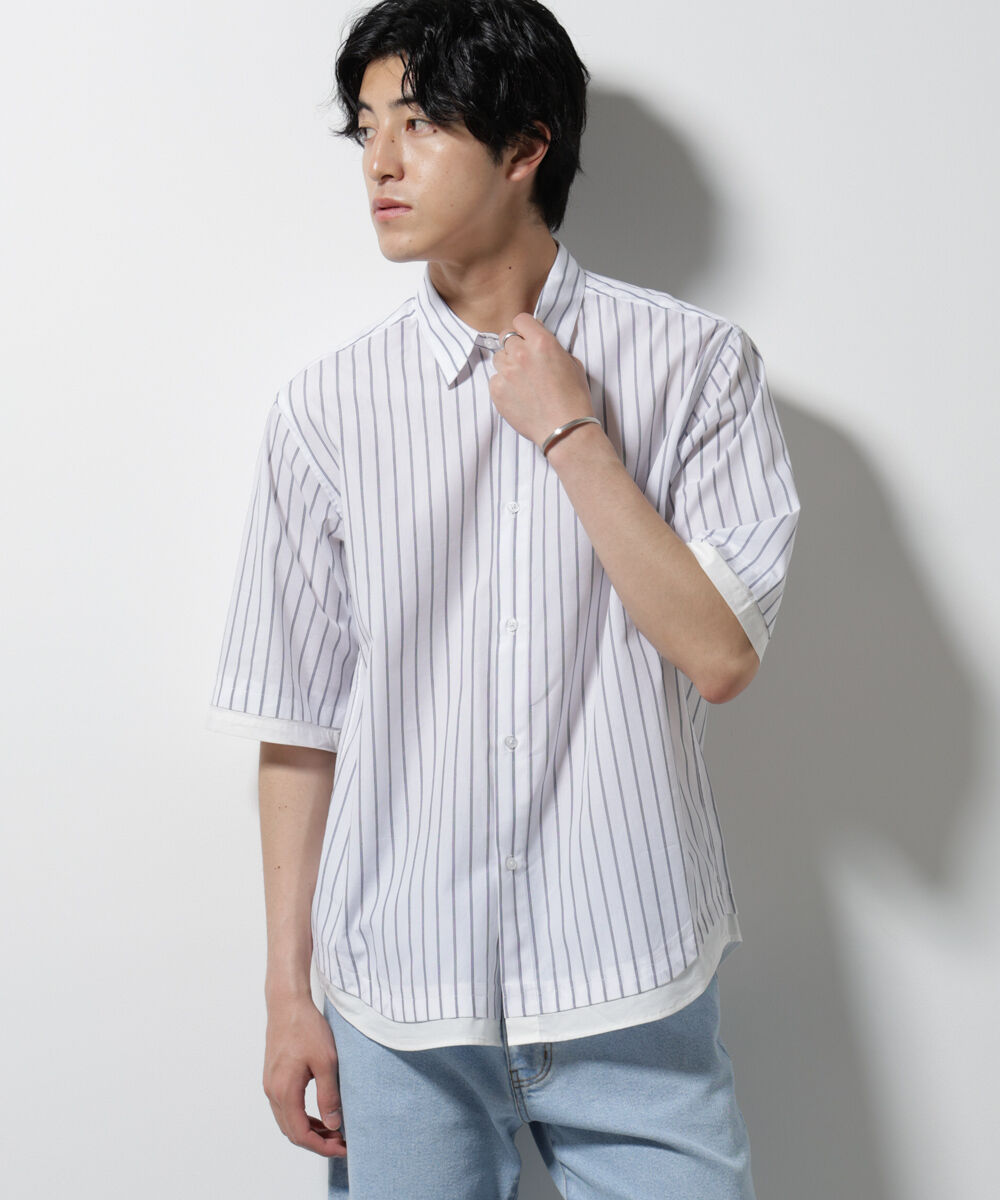 nano･universe「クレイジーストライプシャツ 半袖 2」|シャツ・ブラウス|ホワイト