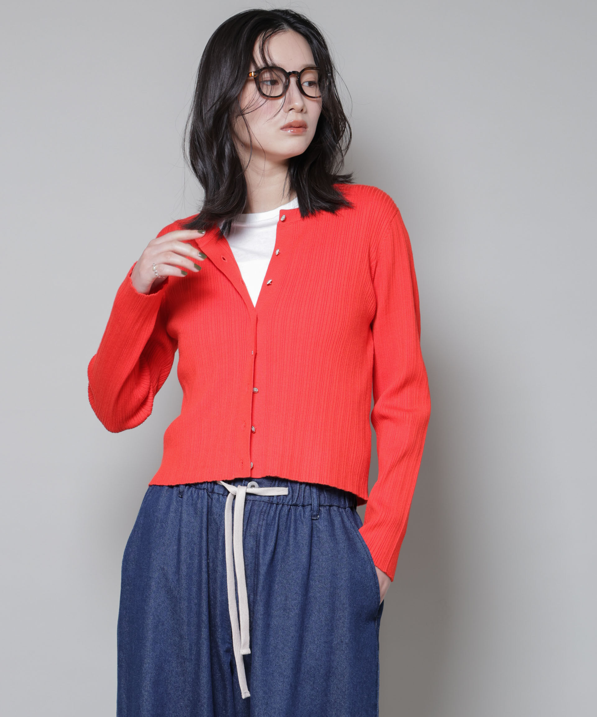 nano･universe「ホホバオイル加工ランダムリブカーディガン」|ニット・セーター|