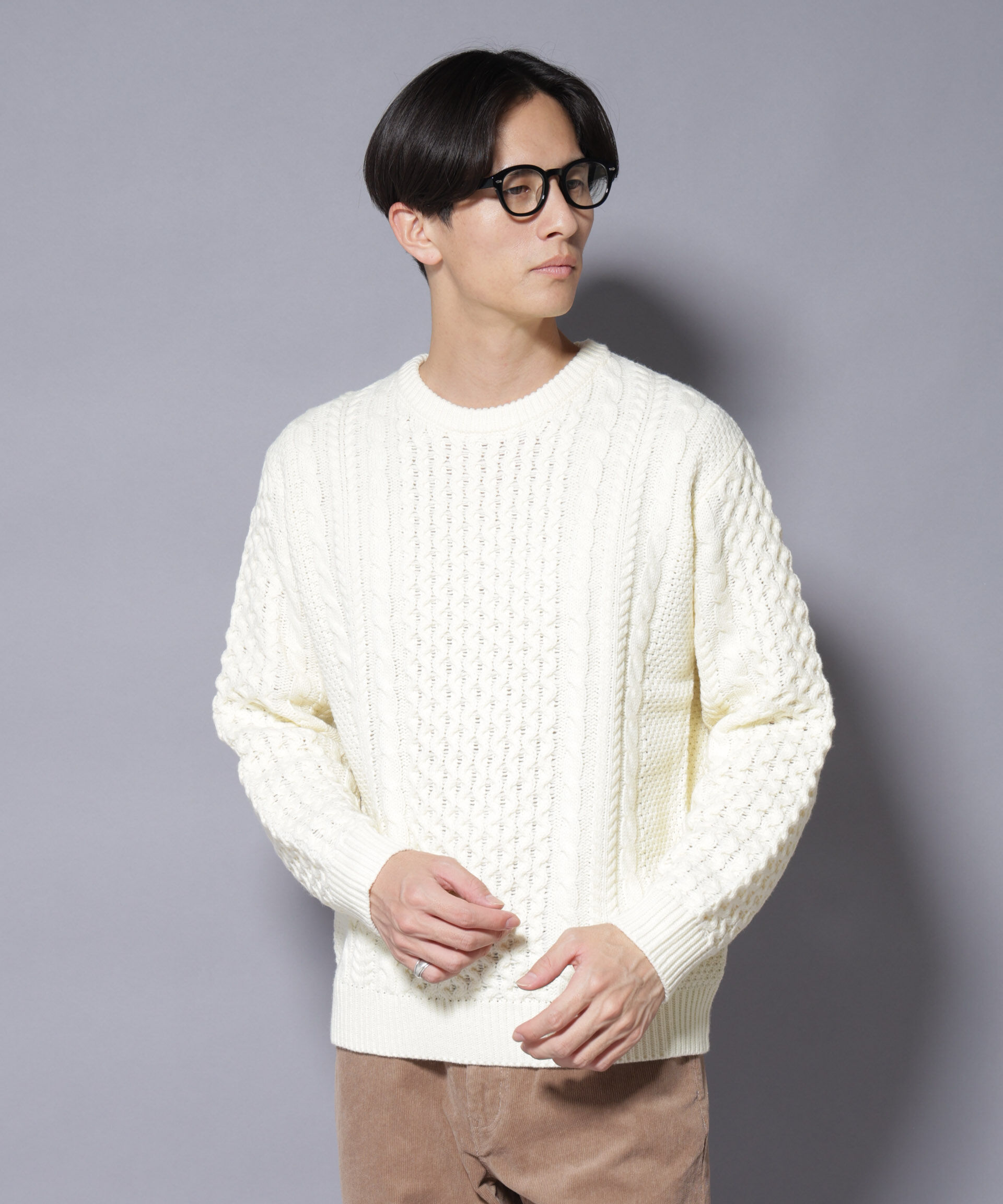 nano･universe「ローゲージケーブルニット」|ニット・セーター|オフホワイト1