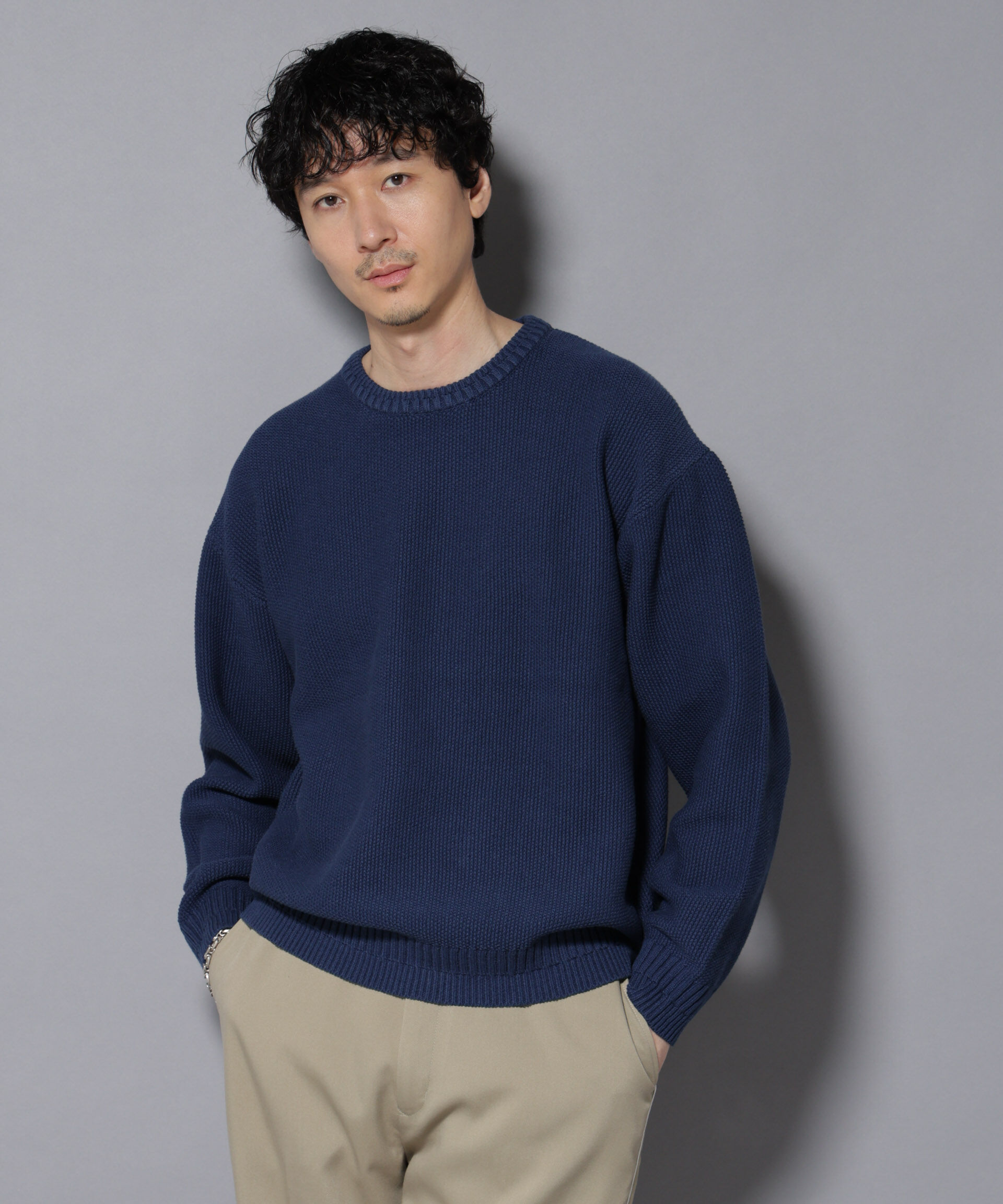 nano･universe「コットンMIXバルキーカノコクルーネックニット」|ニット・セーター|ブルー