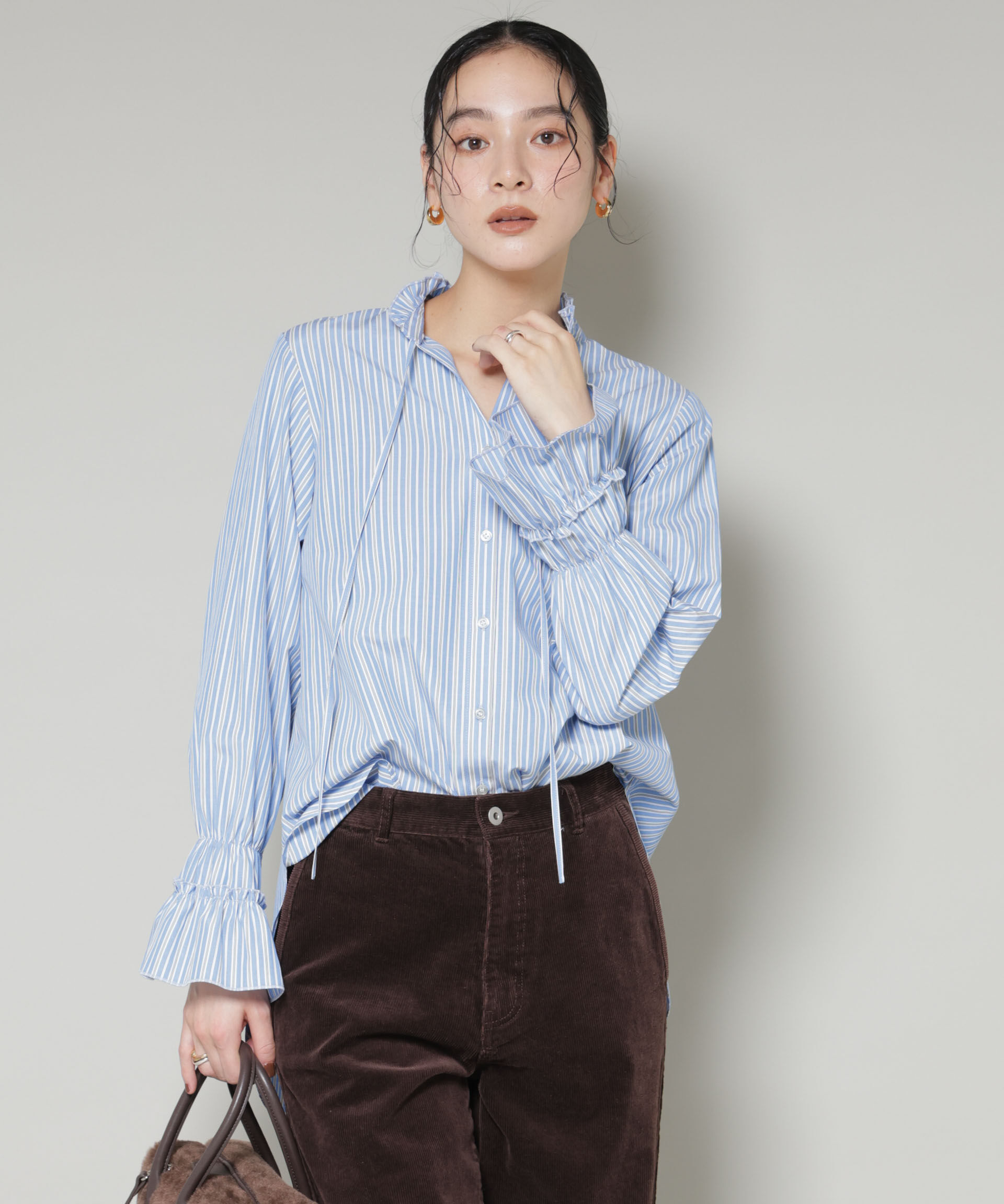 nano･universe「ストライプフリルシャツ」|シャツ・ブラウス|ブルー