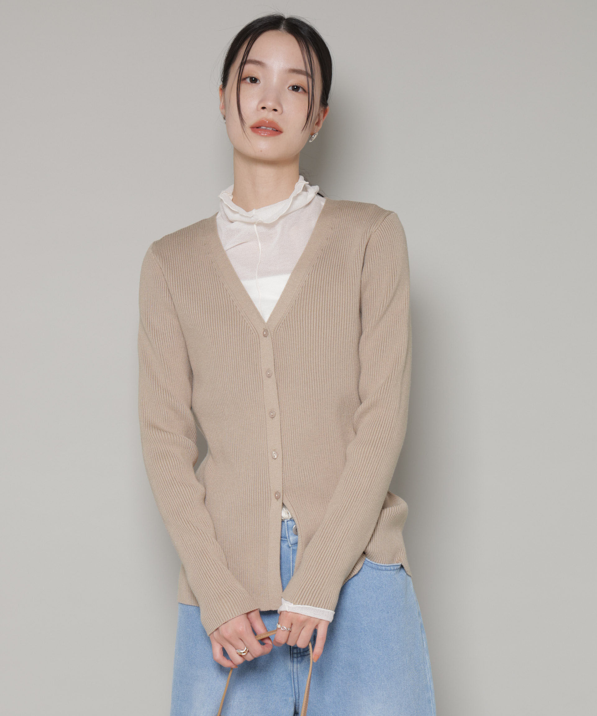 nano･universe「裾スリットVネックリブカーディガン」|ニット・セーター|ベージュ