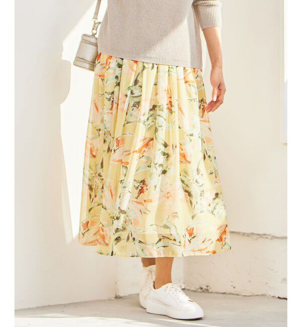 自由区「【ウエストゴム・洗える】ペイントフラワープリント スカート」|スカート|イエロー