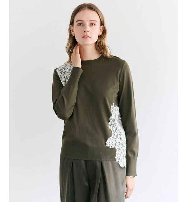 BEIGE,「WILLOW / アシンメトリーレースクルーネックニット」|ニット・セーター|Khaki &times; White