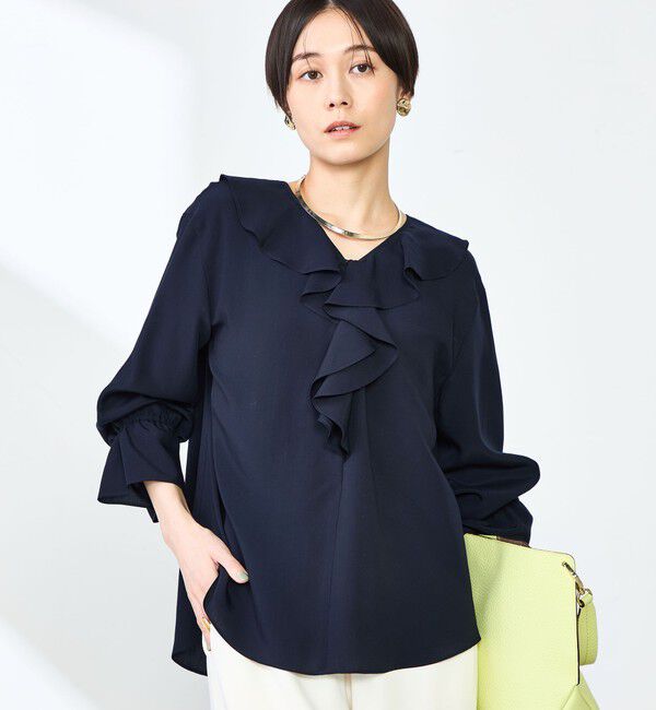 NOLLEY'S「【追加】(CLASSY5月号掲載)ラッフル衿とろみブラウス」|シャツ・ブラウス|ネイビー