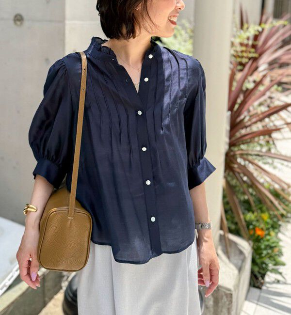 NOLLEY'S「5分袖衿フリルブラウス」|シャツ・ブラウス|ネイビー