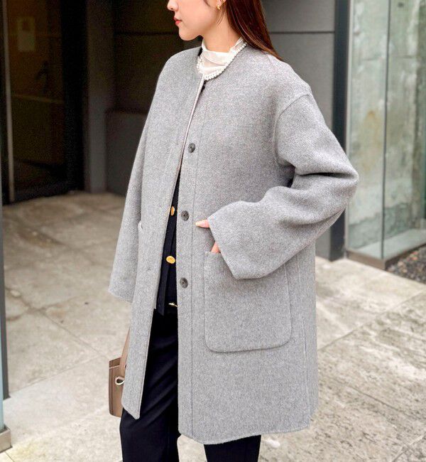 NOLLEY'S「バイカラーリバーコート」|ノーカラーコート|ライトグレー