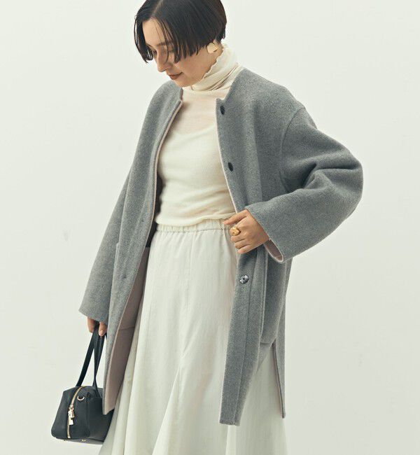 NOLLEY'S「バイカラーリバーコート」|ノーカラーコート|